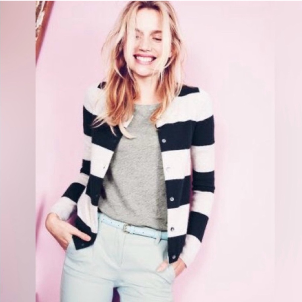 BODEN Women’s Cashmere Crewneck Cardigan Striped Beige/Black Size 10